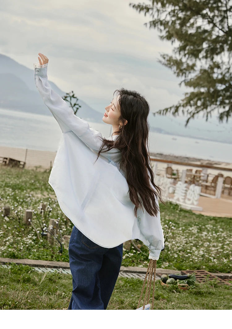 MISHOW Blue Hollow Embroidery Blouse Long Sleeve MXE31C0775