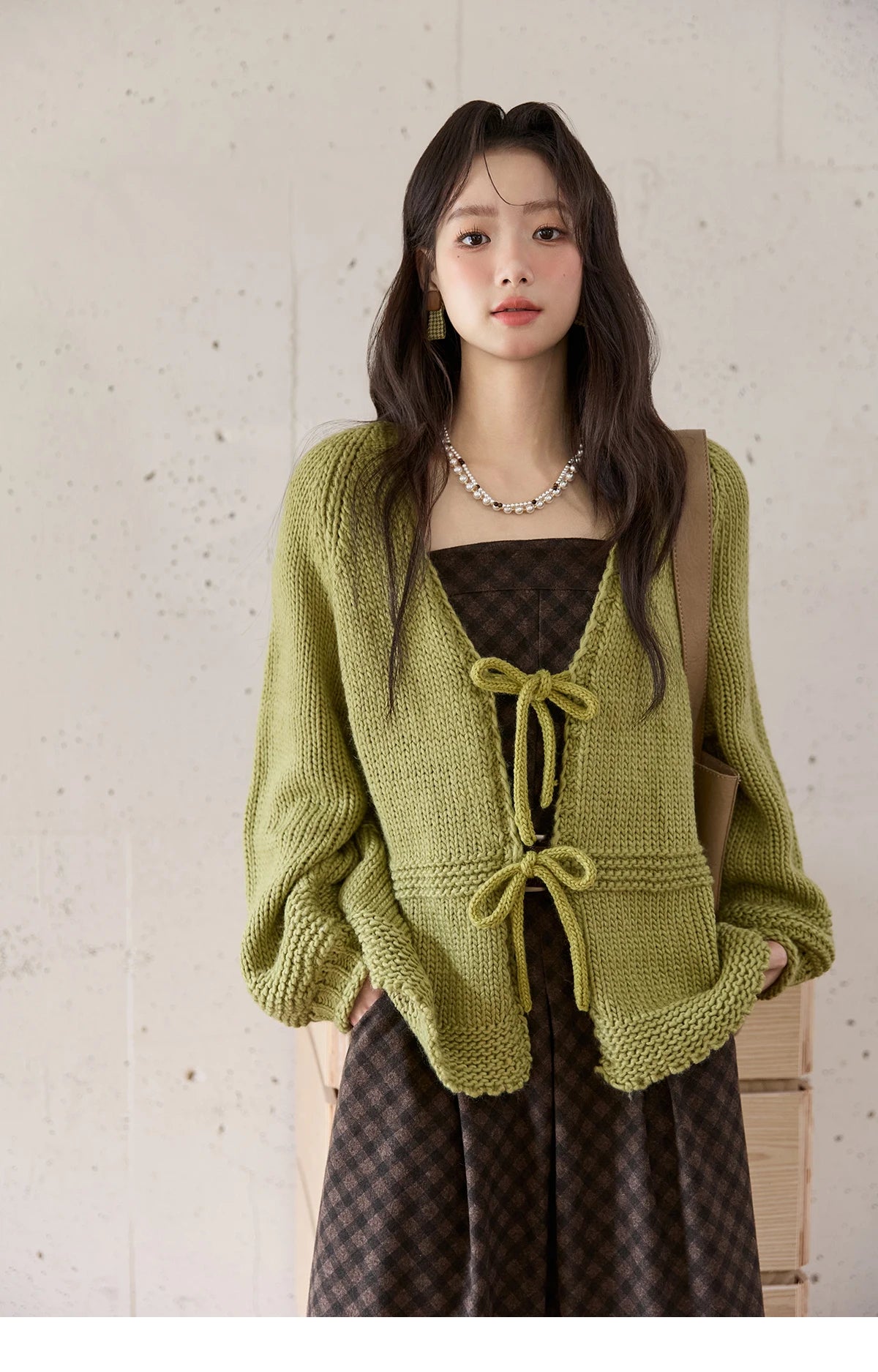 Mishow Avocado Green Lantern Sleeve Lace-Up Cardigan MXE51Z2694