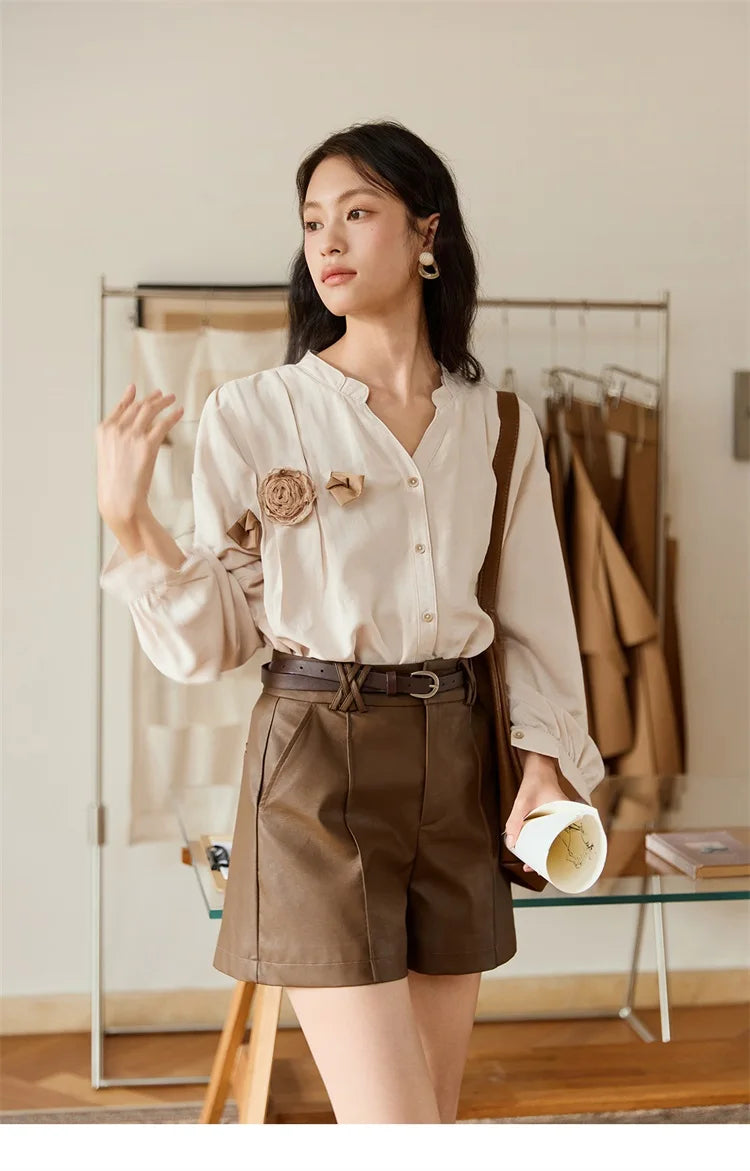 Mishow PU Leather High Waist A-Line Shorts with Slanted Pockets MXE48K1086