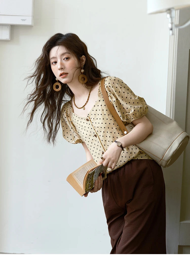 MISHOW Polka Dot Puff Sleeve Blouse V-Neck Button MXE37X1859