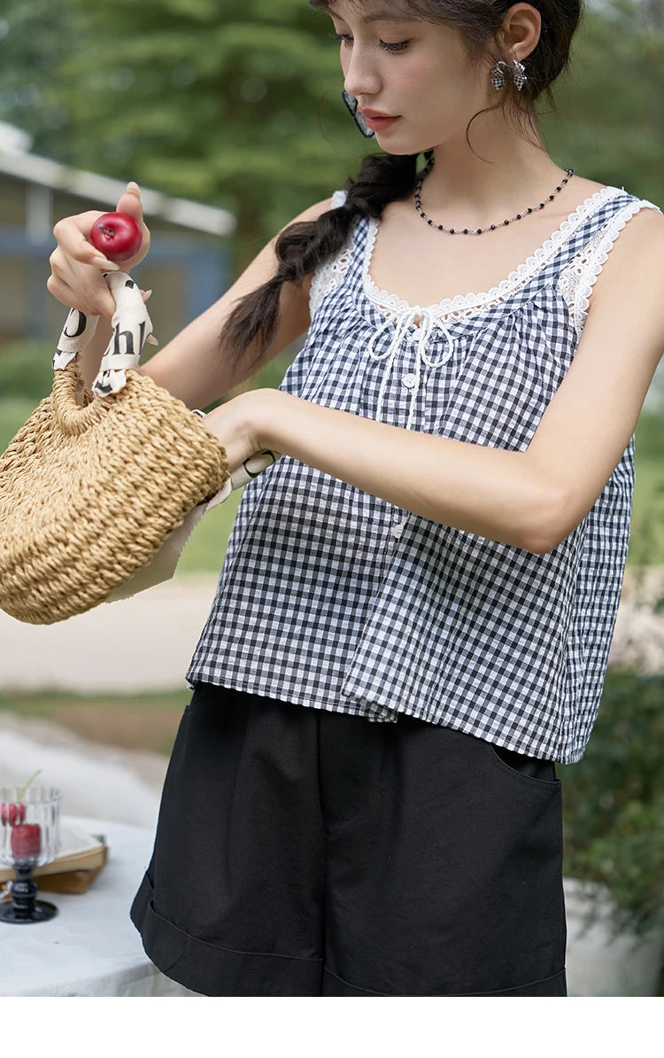 MISHOW Lace Plaid Suspender Vest U Neck Sleeveless MXD26X1567