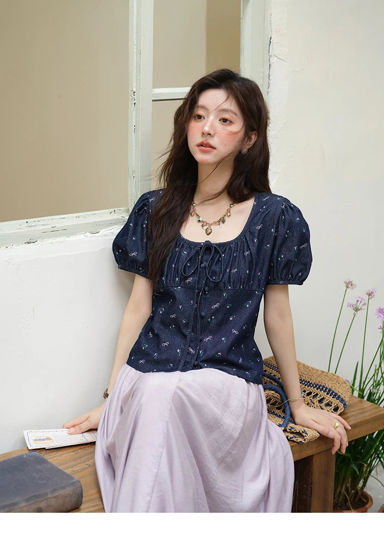 MISHOW Puff Sleeve Square Neck Blouse Lace Up Print Denim MXE39X1933