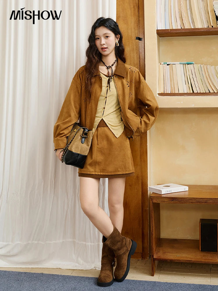 Mishow Retro Corduroy Cutout Jacket & Mini Skirt Set MXE47T0745