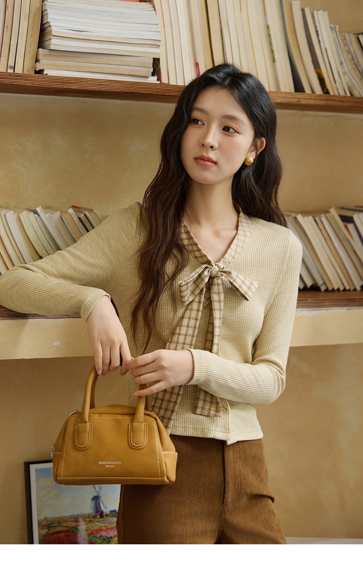 Mishow Yellow Vintage Plaid Bowknot V-Neck Cardigan MXE16Z1168