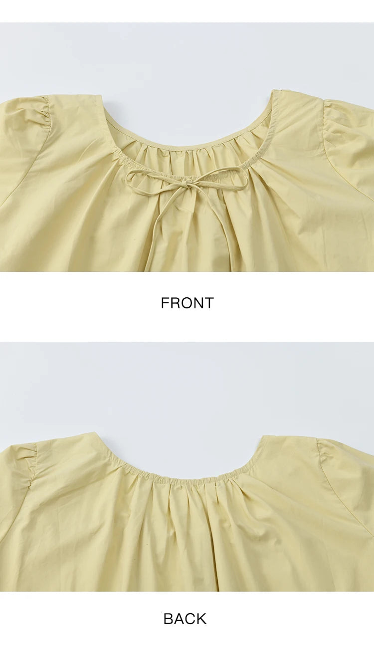 MISHOW Cotton Blouse Round Neck Lace Up Puff Sleeve MXE39X1966