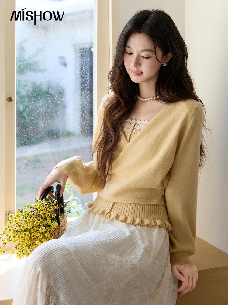 Mishow Yellow Ruffled Camisole & Lace Cardigan Set MXF11T1472