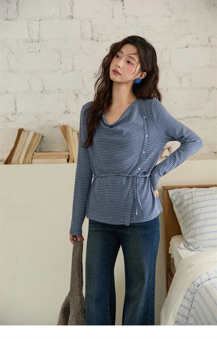 Mishow Retro Crew Neck Tie-Up Striped Top MXE87Z2700