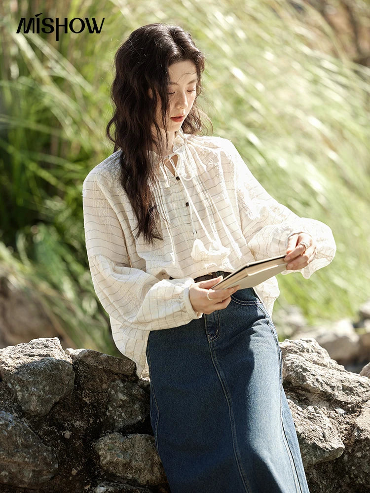 MISHOW French Striped Blouse Lace Collar Chiffon MXE12C0387