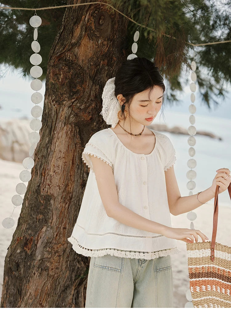 MISHOW Embroidered French Shirt Round Neck Short Sleeve MXE33X1744