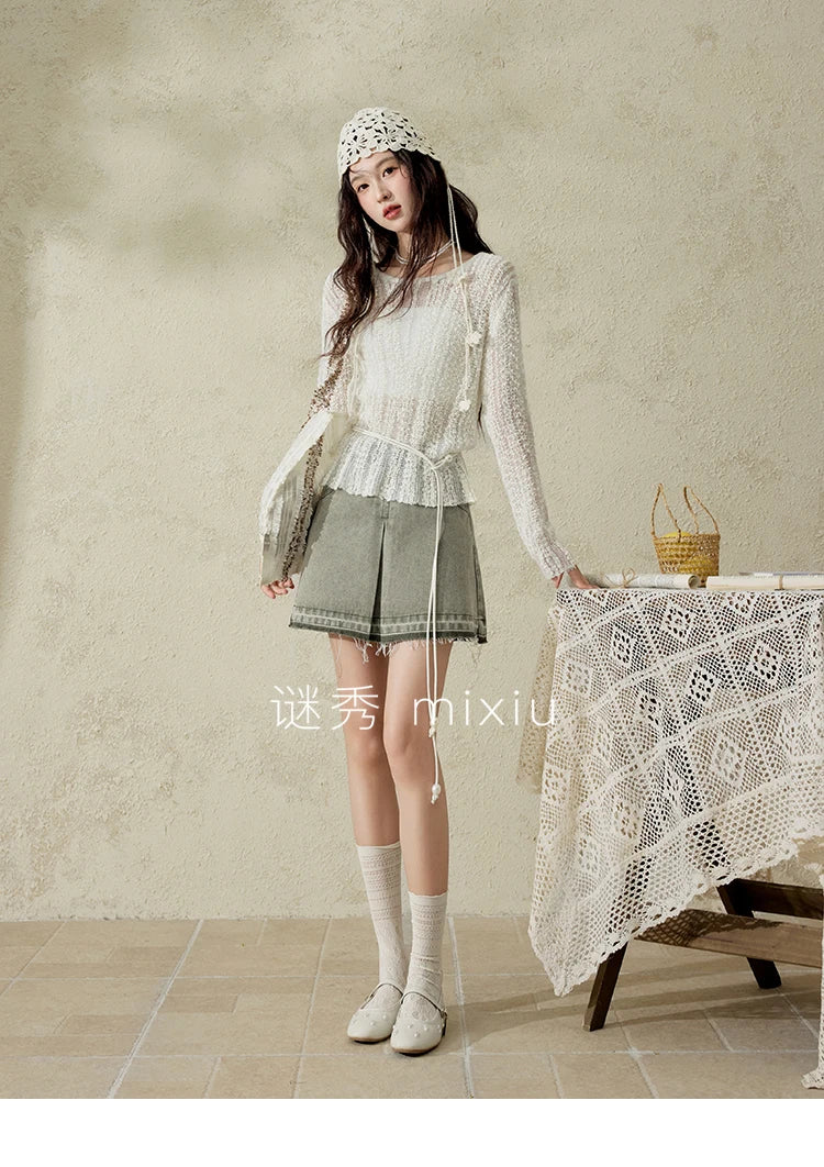 Mishow Apricot White Hollow Mohair Drop Sleeve Top MXE12Z1120