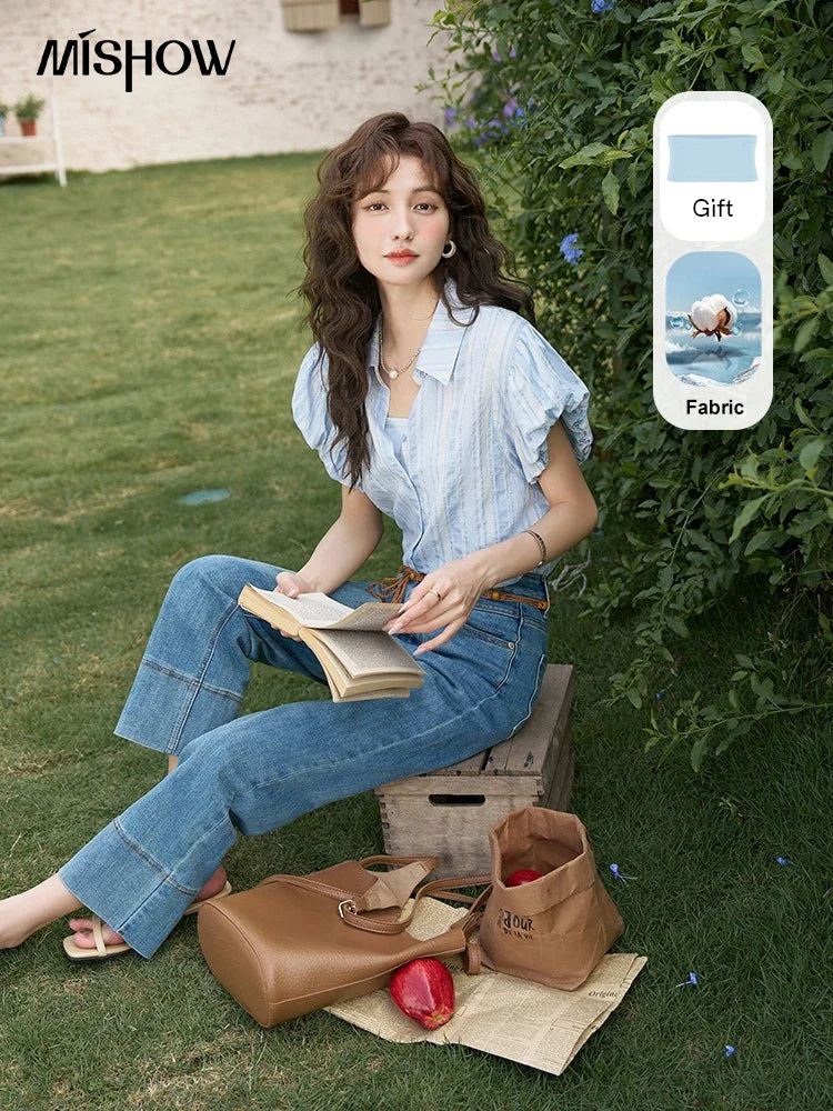 MISHOW Blue Striped Shirt Bubble Sleeves with Tube Top MXD24C0204