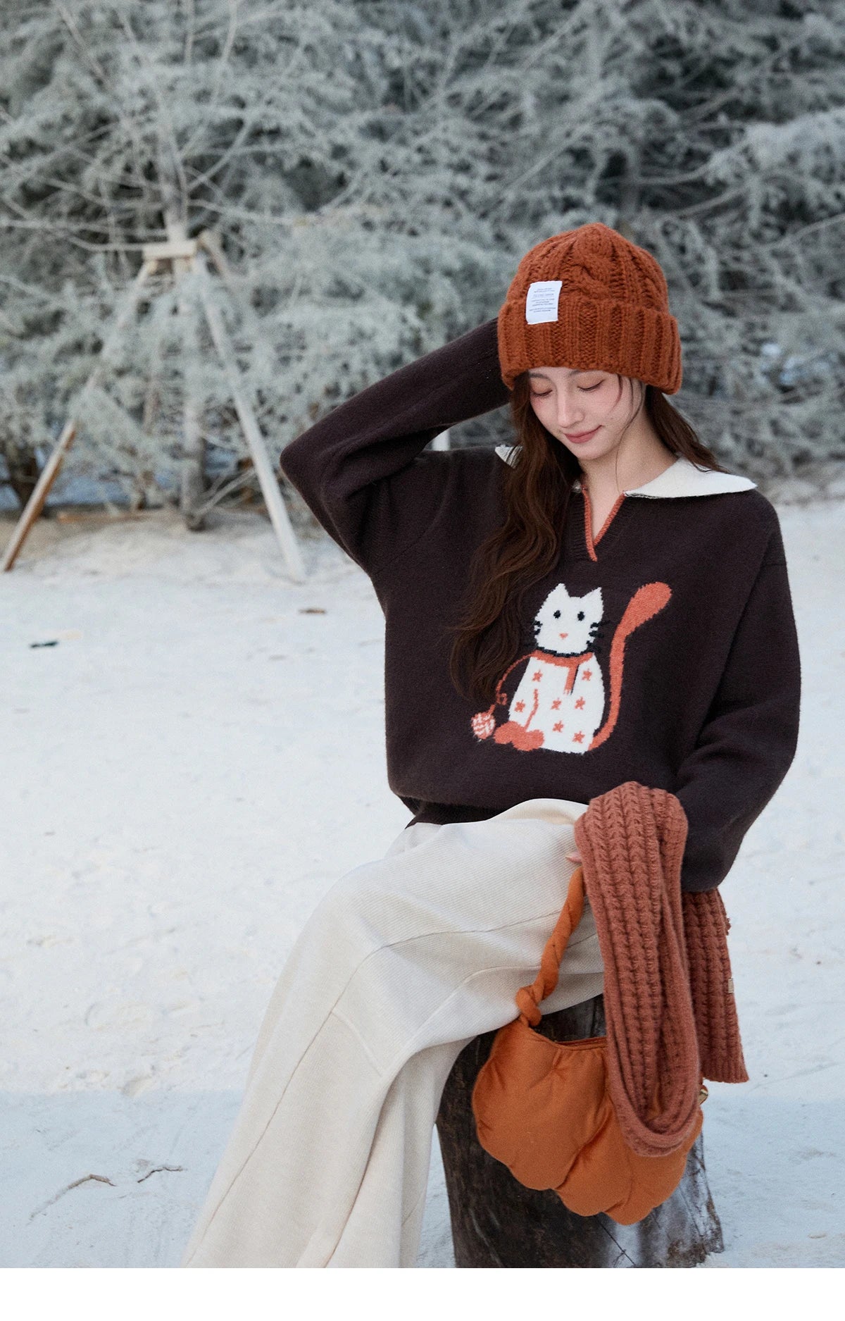 Mishow Retro Arctic Fleece Color Block Cat Sweater MXE90Z2835