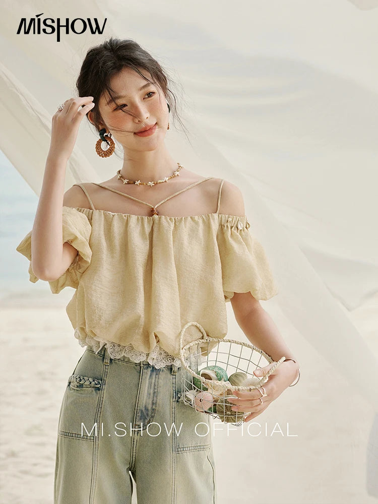 MISHOW French Camisole Shirt Off-Shoulder Lace Puff Sleeve MXE33X1755