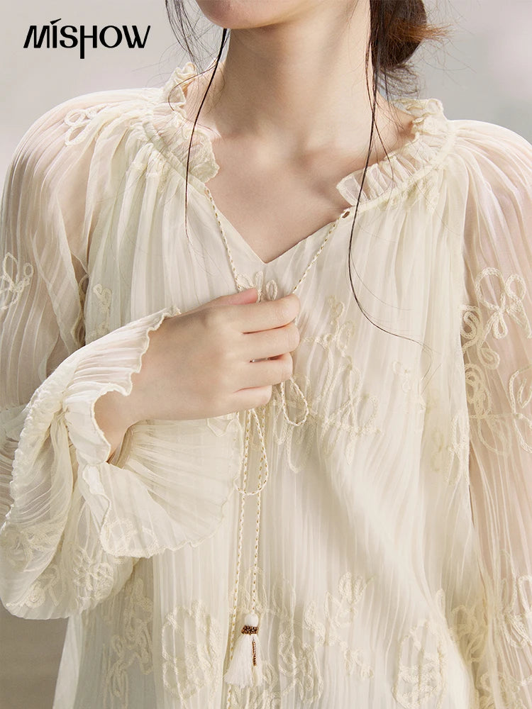 MISHOW Tassel Tie Flower Embroidered Blouse V-Neck Lantern Sleeve MXF13X2525