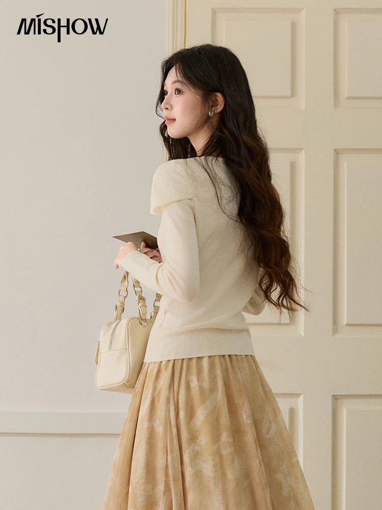 Mishow Beige Asymmetrical Collar Wool Sweater MXF11Z2918