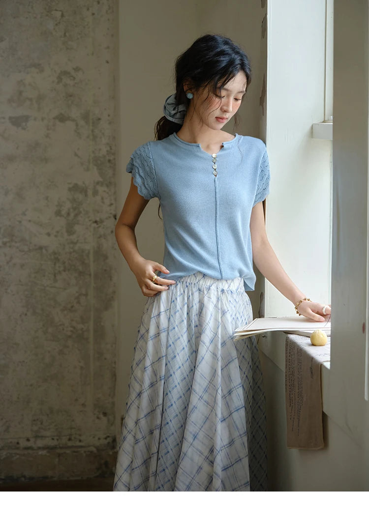 Mishow Blue Button O-Neck Wool Tee MXE34Z1262