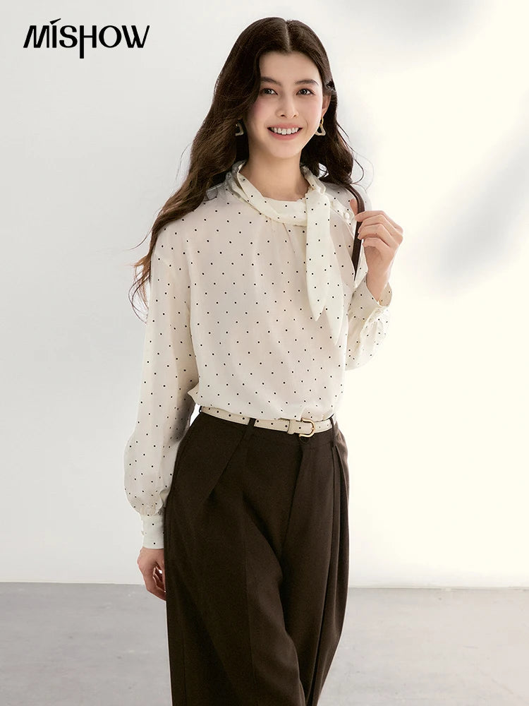 MISHOW White Polka Dot Blouse Bow Tie Neck Sheer MXF13X2531