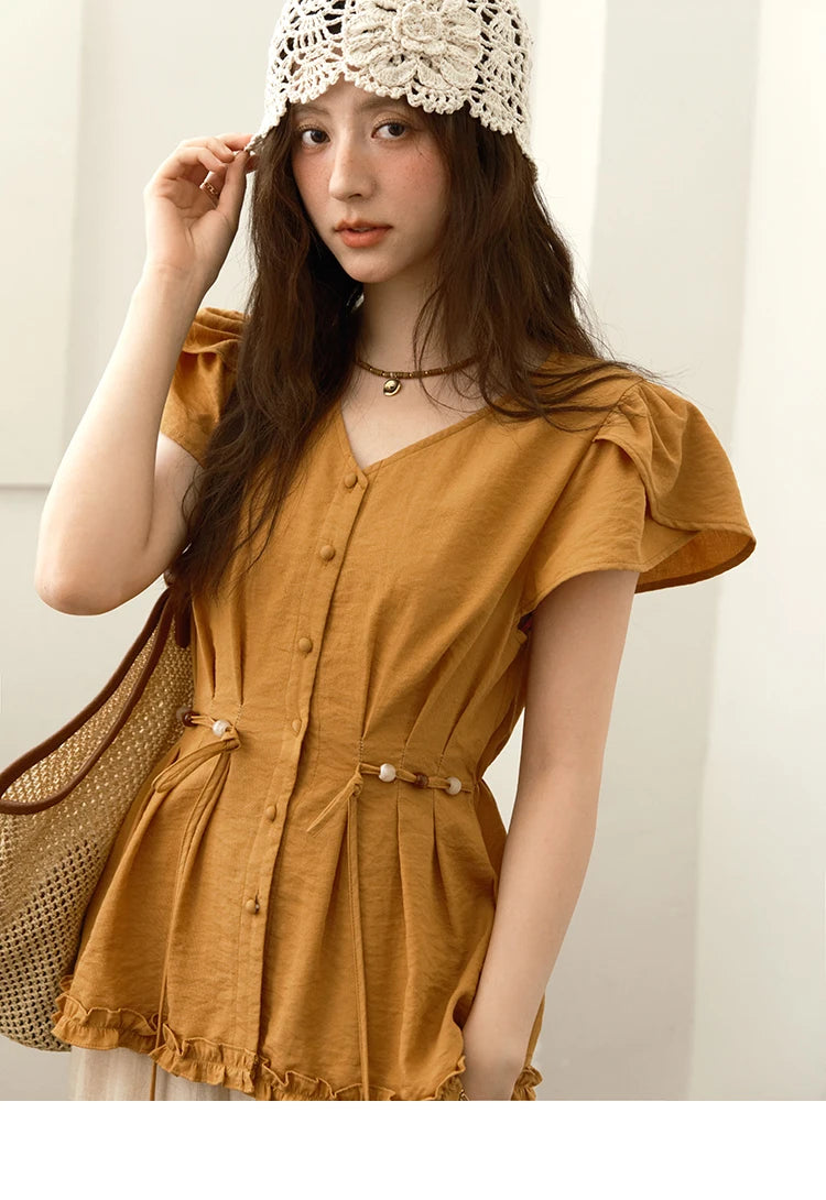 MISHOW Petal Sleeve Slim Shirt V-Neck Bead Belt MXE39X1881