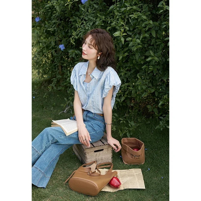 MISHOW Blue Striped Shirt Bubble Sleeves with Tube Top MXD24C0204