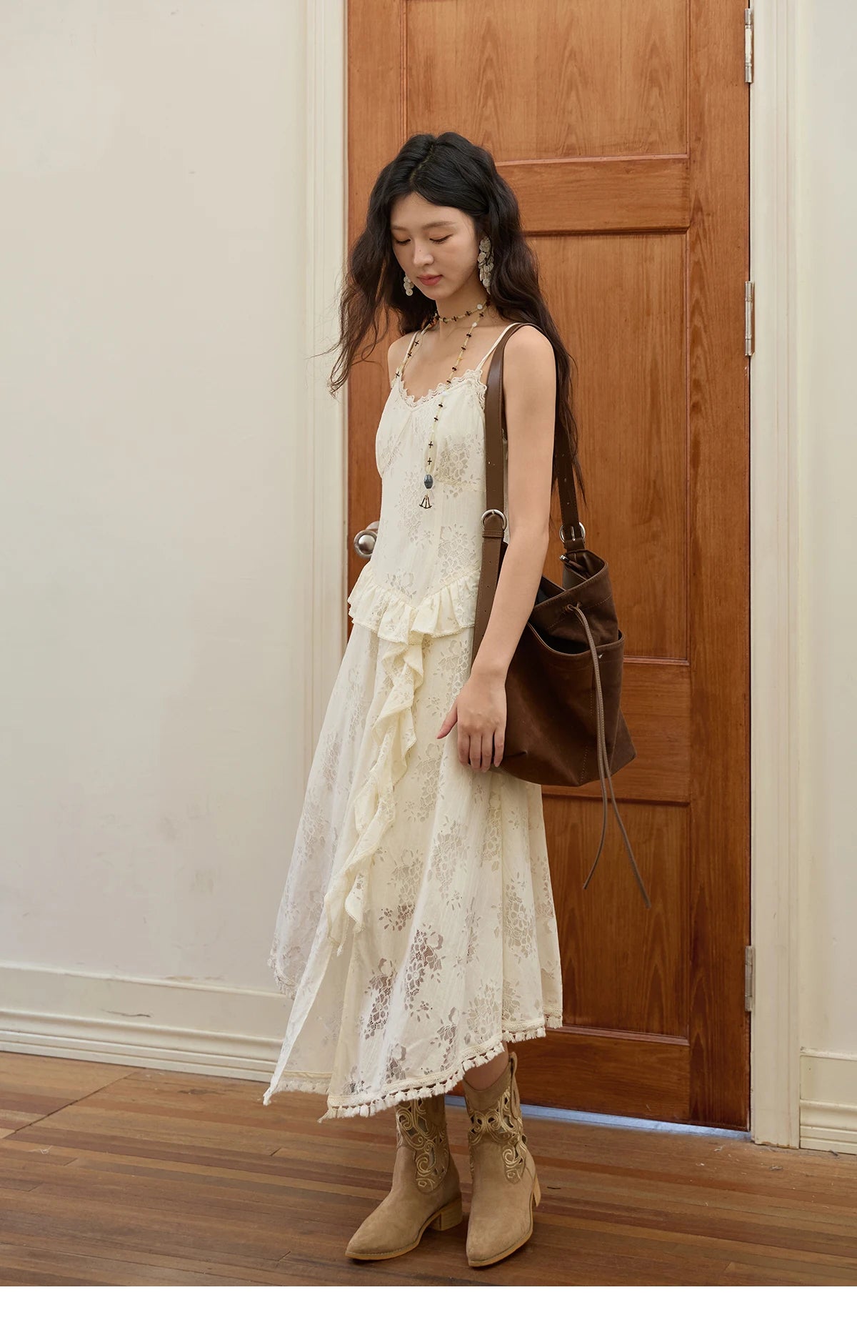 MISHOW Bohemian Apricot Lace Ruffle Tassel Dress MXE43L2449