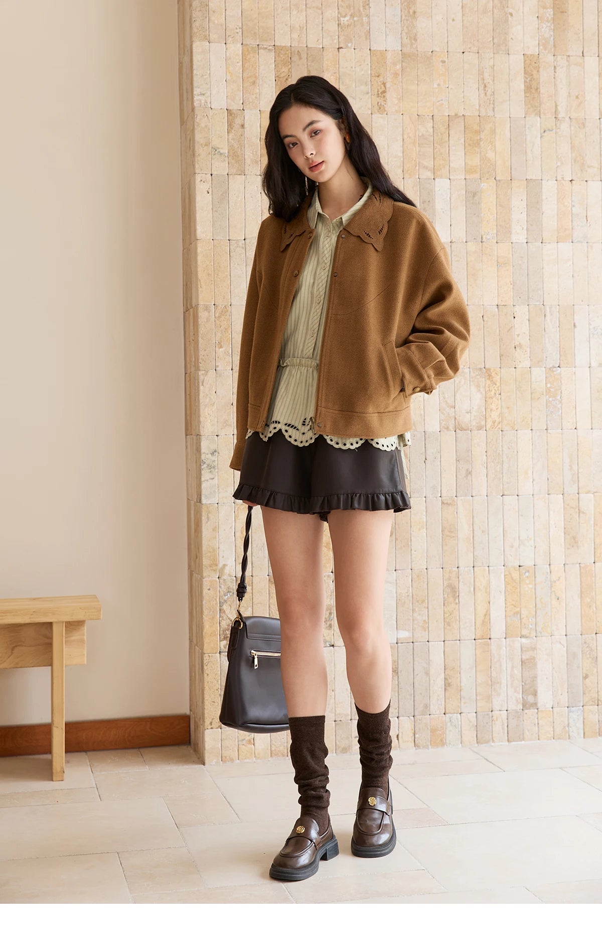 Mishow Brown Hollow Out Embroidery Woolen Coat MXE49W0856