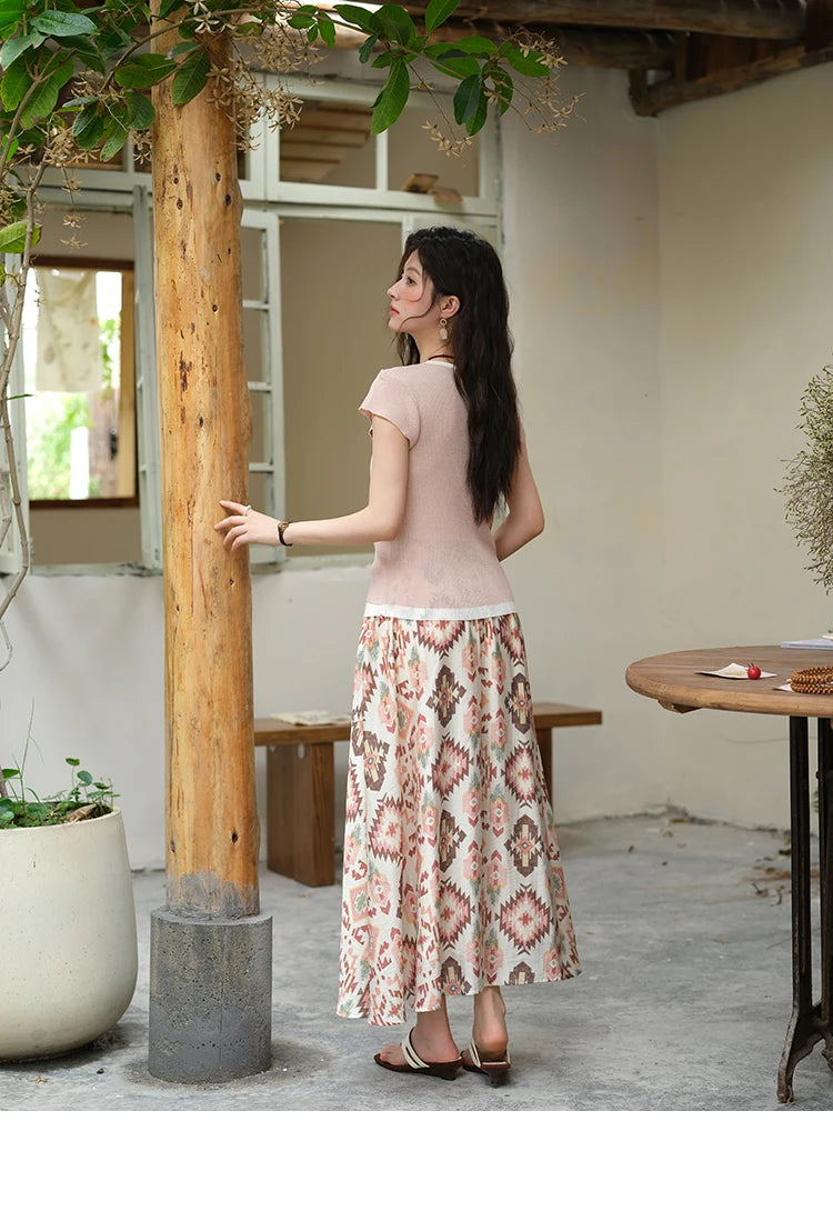 Mishow Round Neck Patchwork Flying Sleeve Lace Up Top MXE37Z1278