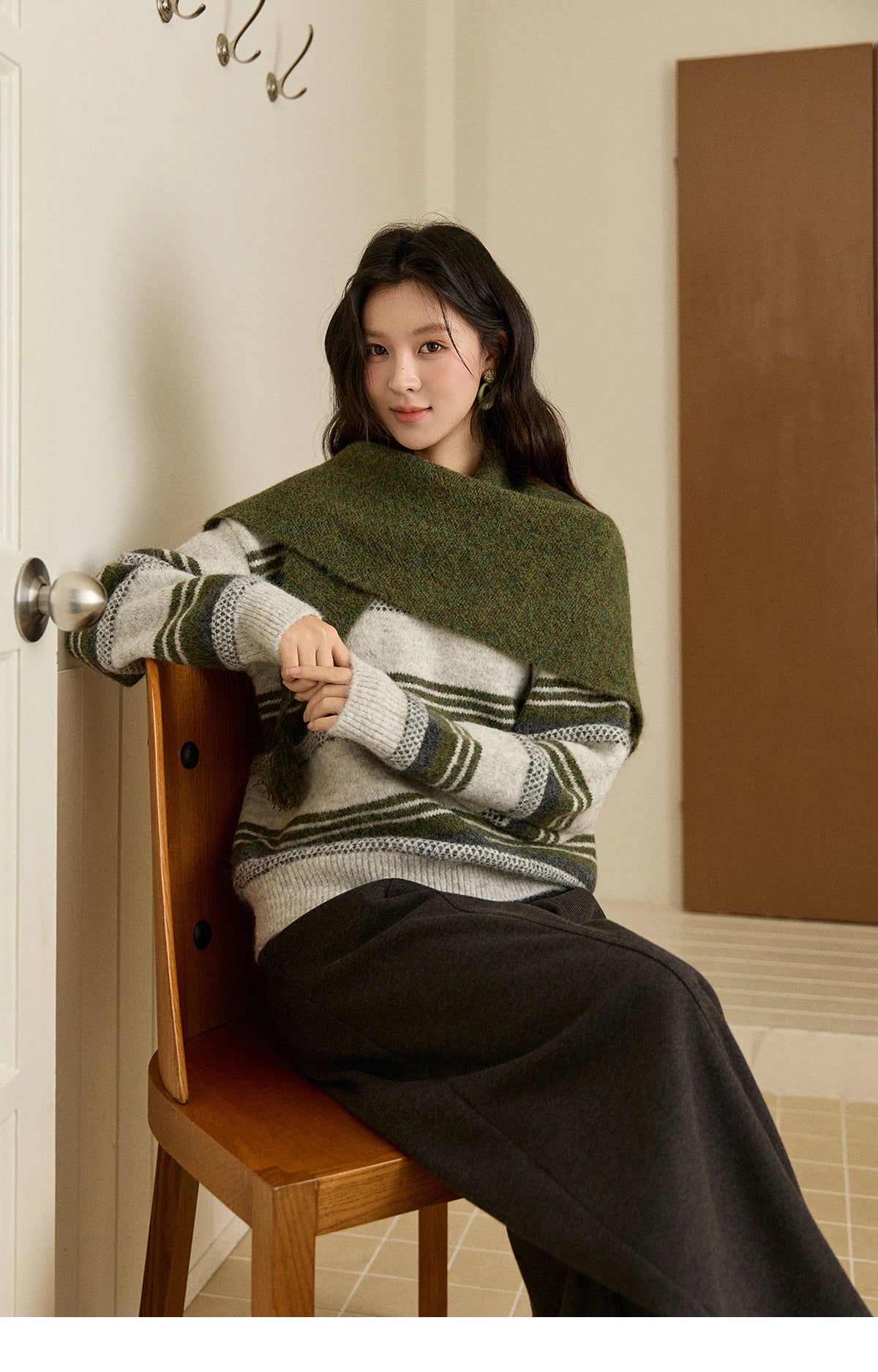 Mishow Wool Blend Retro Striped Sweater with Scarf MXE94Z2987