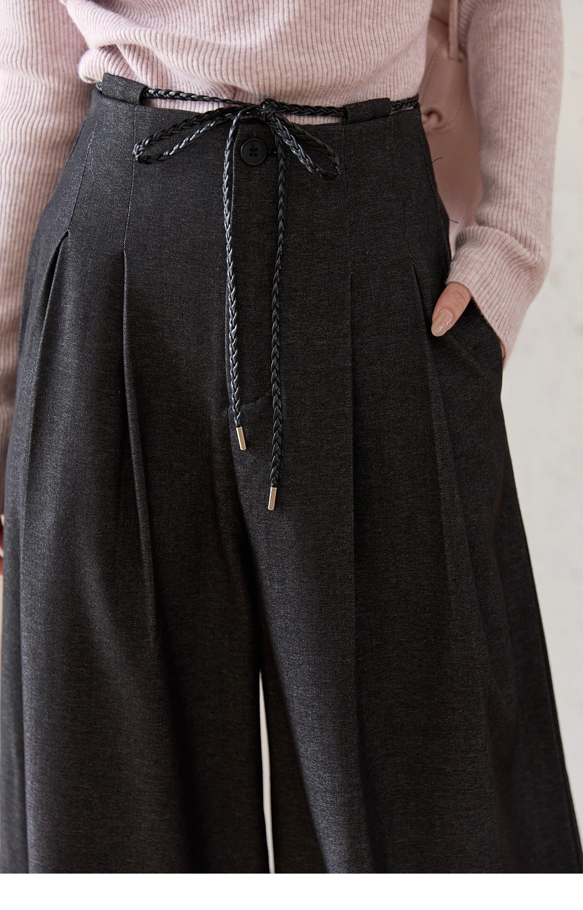 MISHOW Gray Wide-Leg Pants Lace-Up High Waist Slim MXE51K1106