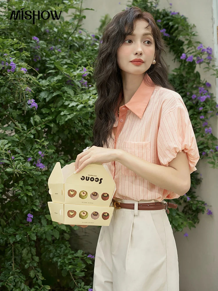 MISHOW Hong Kong Retro Pink Striped Shirt Bubble Sleeve Lapel MXD28C0250