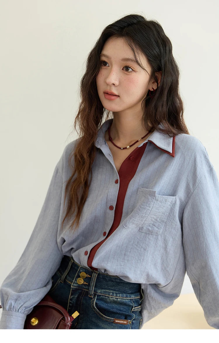 MISHOW Blue Red Striped Shirt Contrast Splicing Lapel MXE46C2405