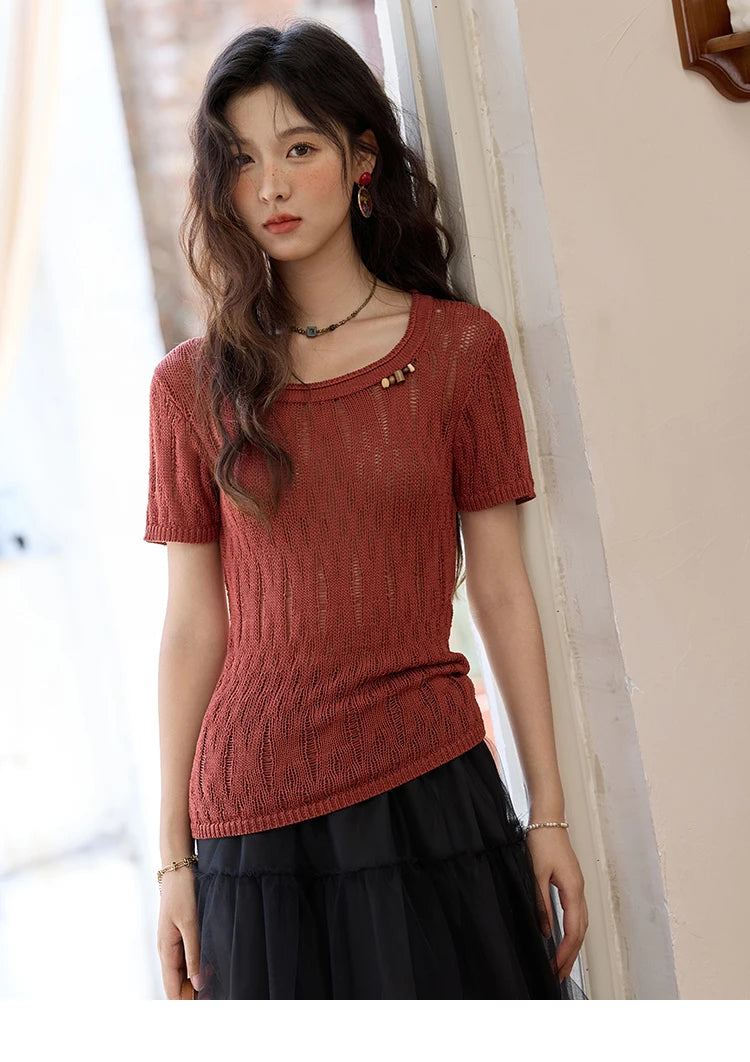 Mishow Retro Red Hollow Bead Knit Tee MXE35Z1271