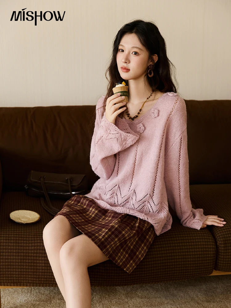 Mishow Purple Hollow Wave V-Neck Crochet Pullover MXE45Z1391