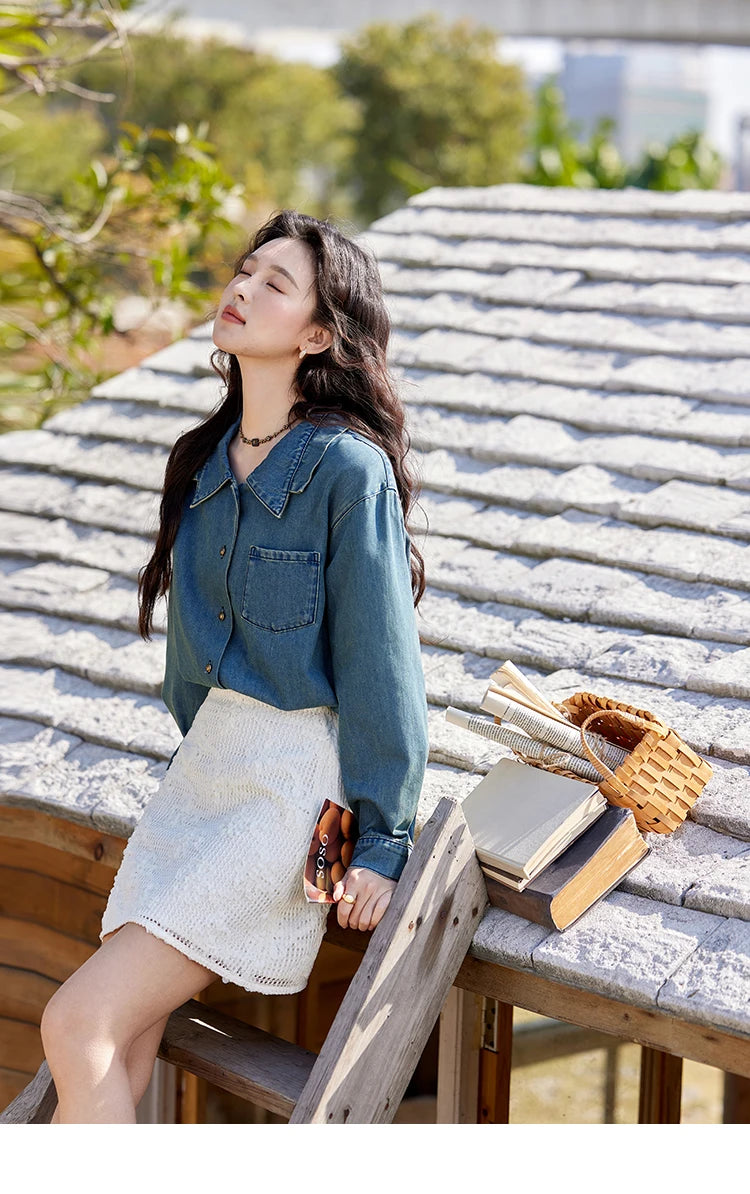 MISHOW Washed Denim Shirt Double Layered Patchwork Collar Metal Buckle MXE12C0751