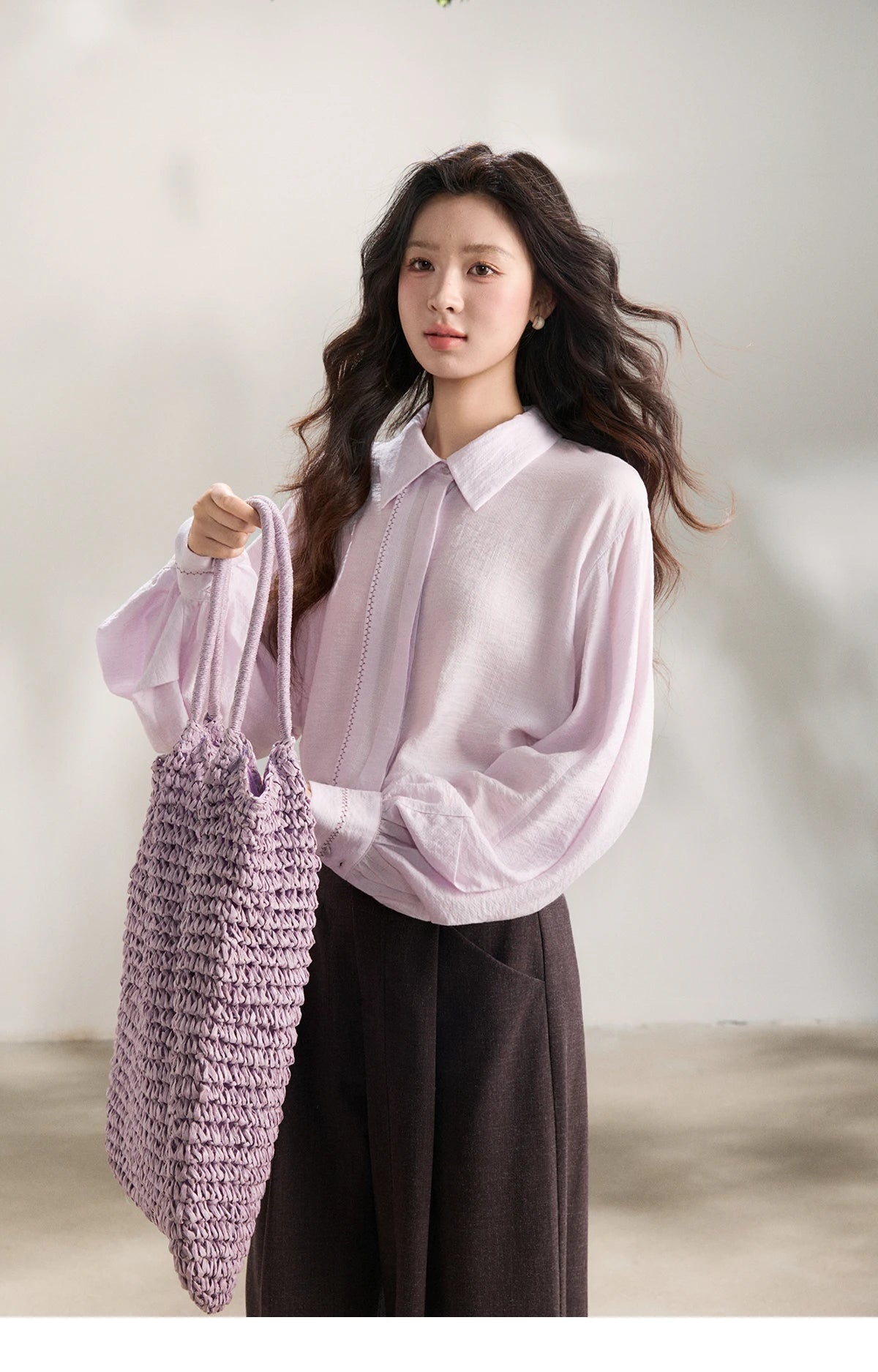 MISHOW Lapel Lantern Sleeve Shirt Lace Trim Loose MXF13C2436
