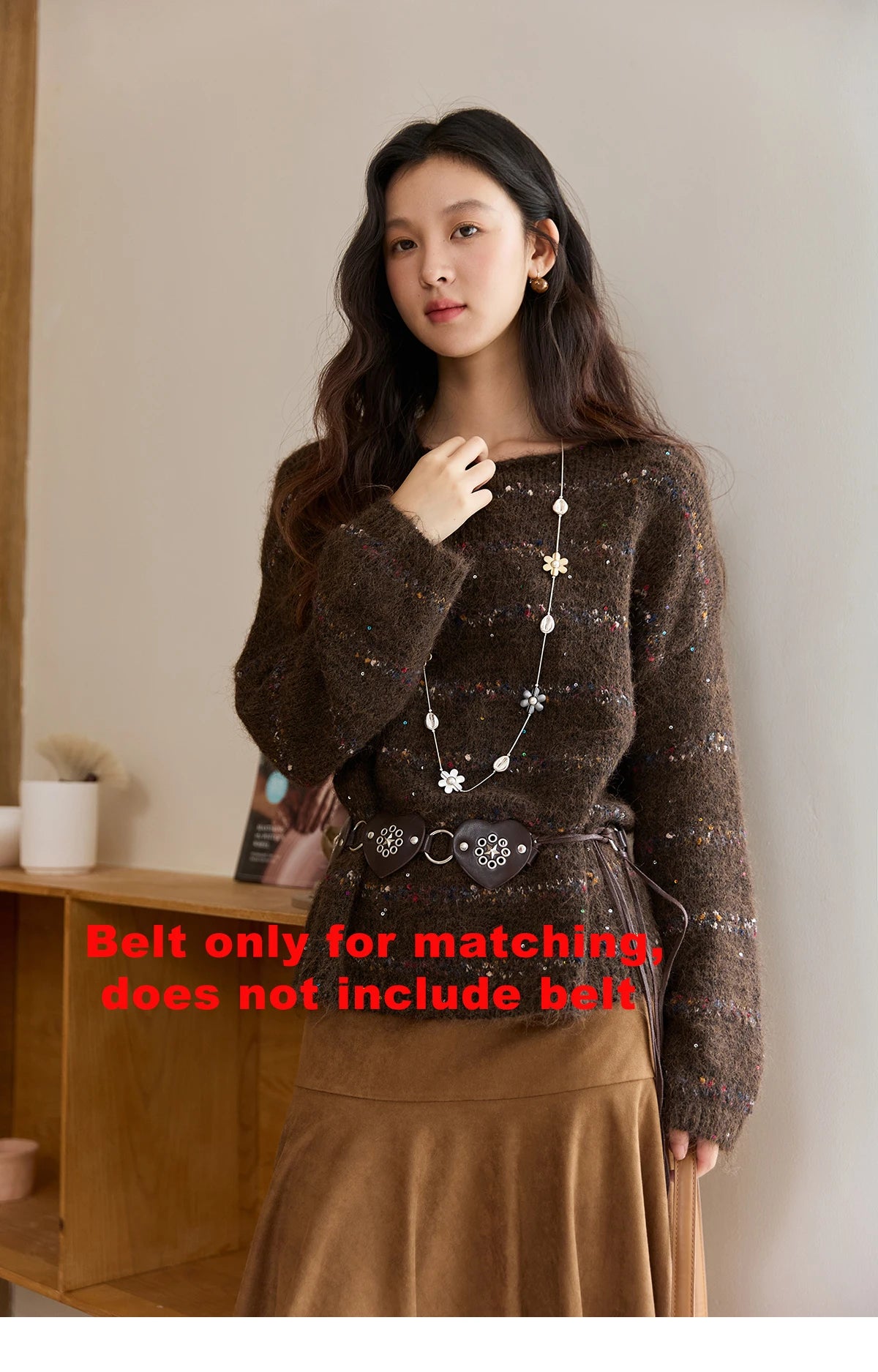 Mishow Brown Chrysanthemum Yarn Round Neck Sweater MXE47Z2574