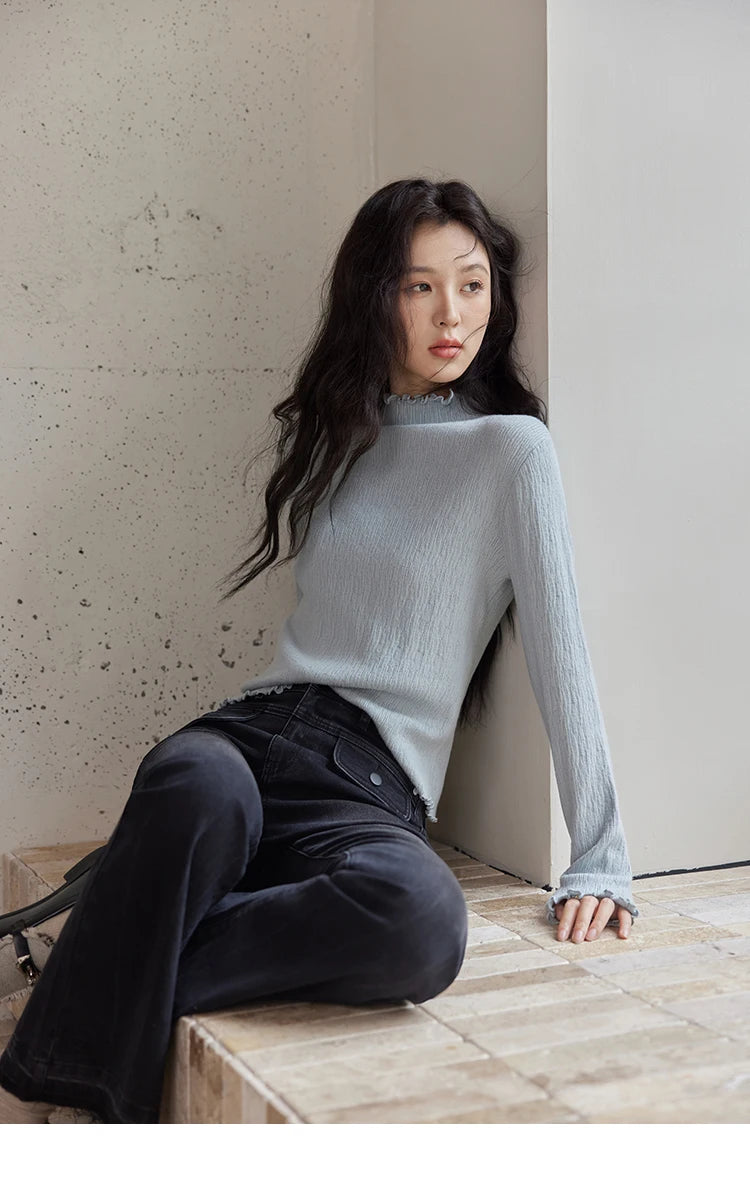 Mishow Ruffled Edge High Collar Slim Knit Top MXD48Z0850