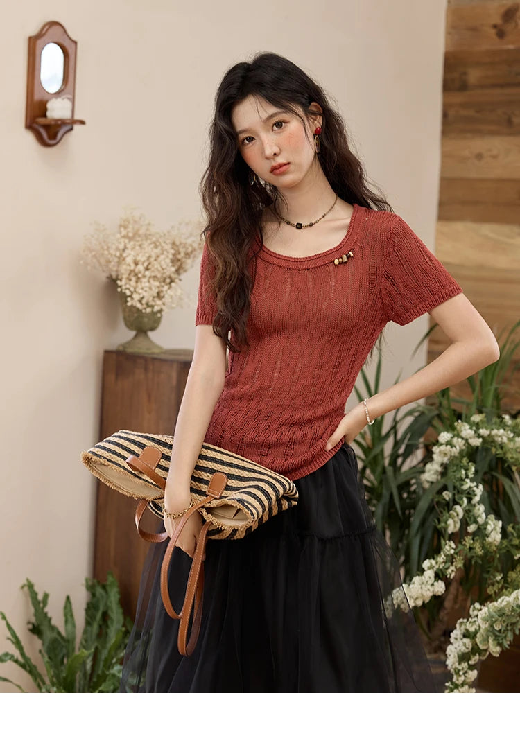 Mishow Retro Red Hollow Bead Knit Tee MXE35Z1271