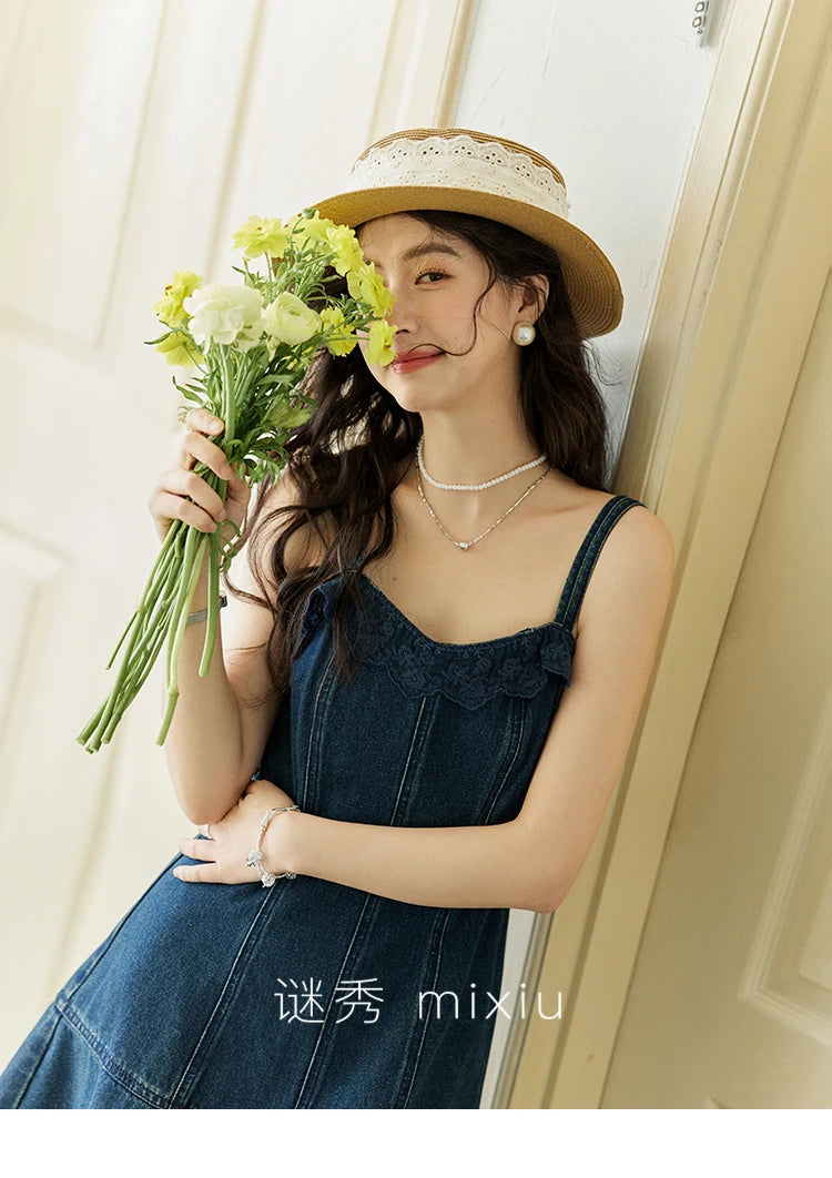 Mishow Denim Camisole Hollowed Out Lace Edge Dress MXE13L2094