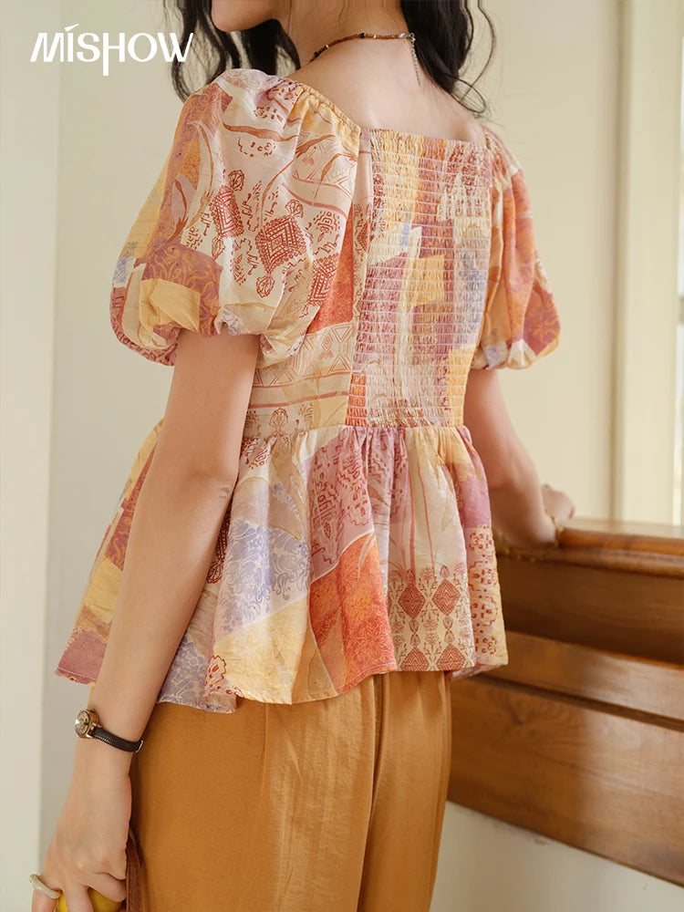 MISHOW V-Neck Lace Up Patchwork Blouse Puff Sleeve Floral Print MXE38X1911