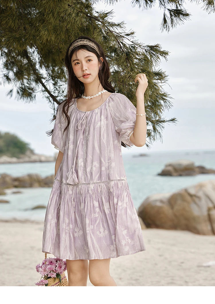 Mishow Print U-Neck Lace Hollow Chiffon Dress MXE32L2164
