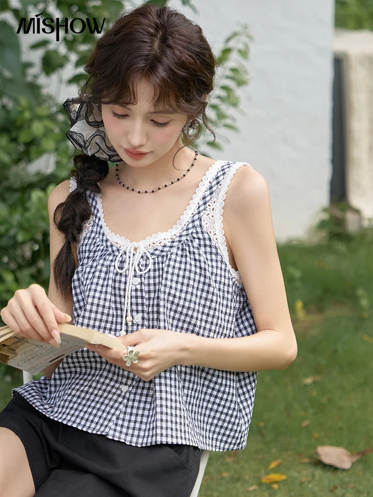 MISHOW Lace Plaid Suspender Vest U Neck Sleeveless MXD26X1567