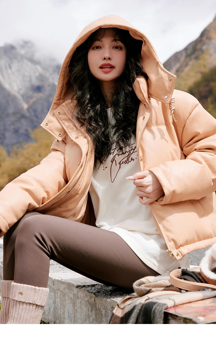 Mishow Hooded Imitation Leather Short Down Jacket MXC52Y0008