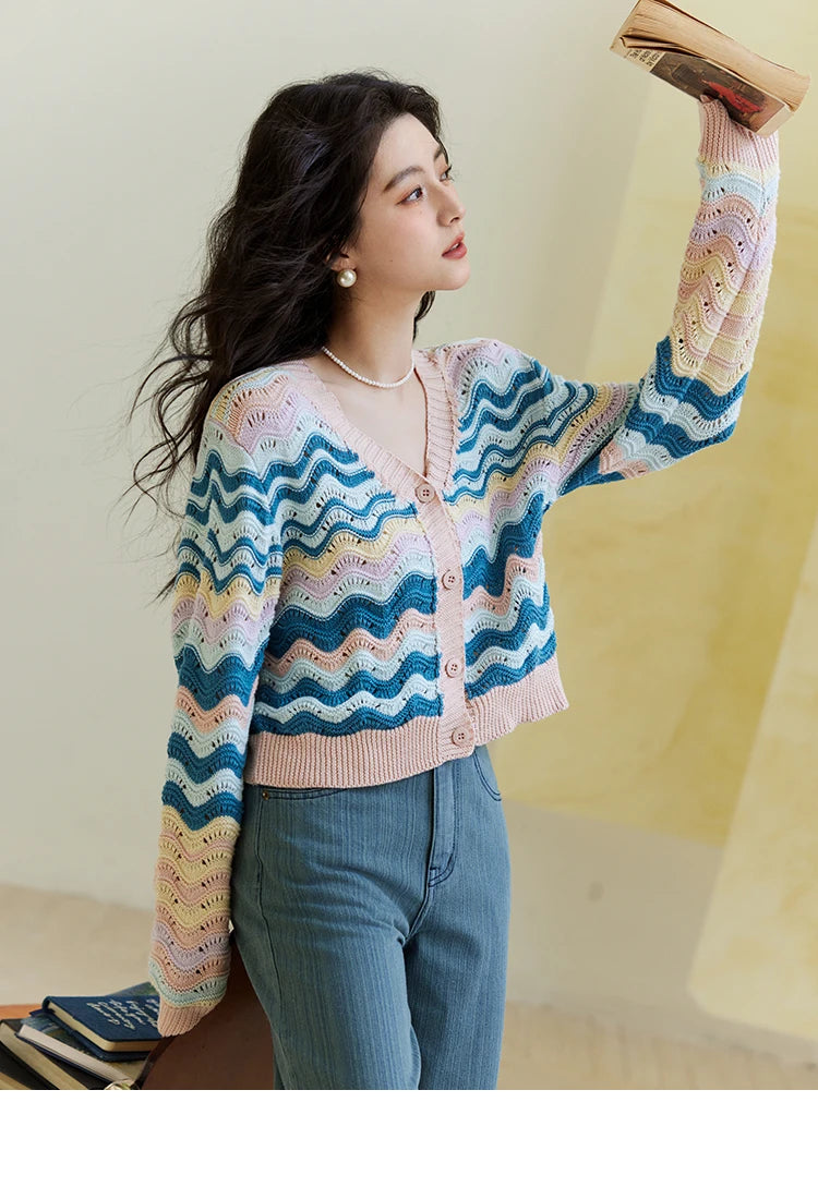Mishow Color Stripe V-Neck Loose Cardigan MXE16Z1203