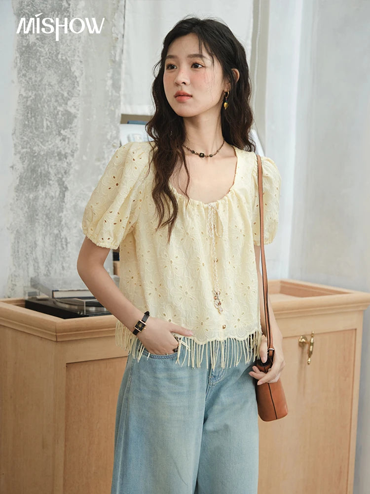 MISHOW Hollow Out Blouse Embroidery Puff Sleeve Square Collar Tassel MXE37X1851