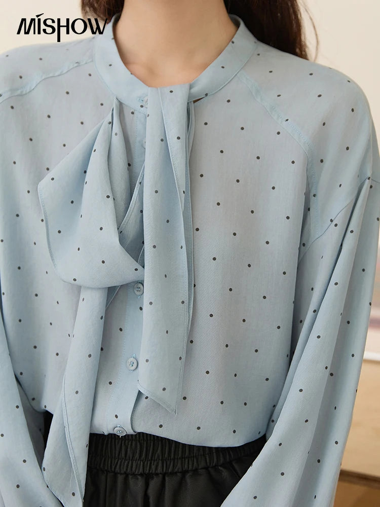 MISHOW Blue Polka Dot Shirt Bow Collar Long Sleeve MXE45X2475