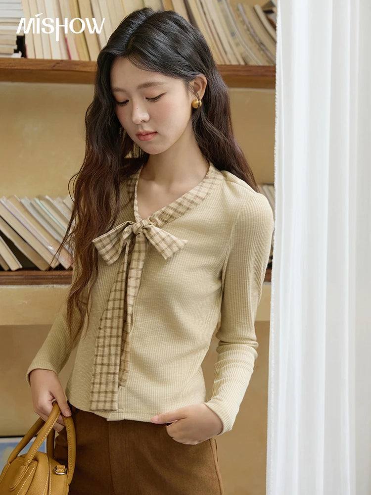 Mishow Yellow Vintage Plaid Bowknot V-Neck Cardigan MXE16Z1168