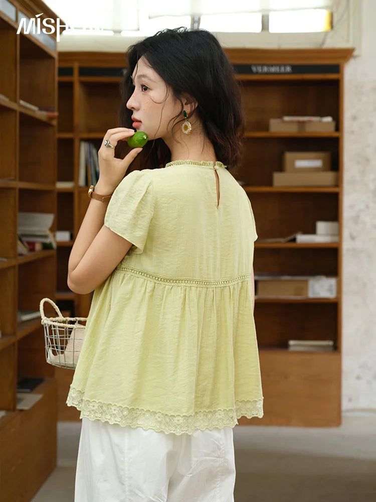 MISHOW Round Neck Blouse Mushroom Edge Lace Short Sleeve MXE39X1887