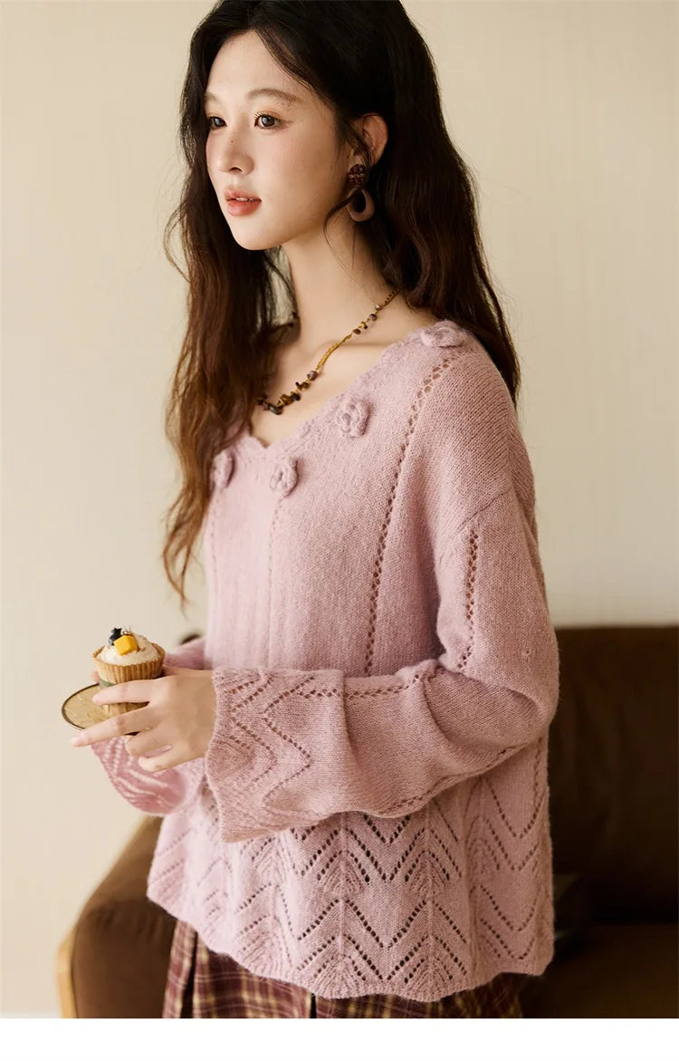 Mishow Purple Hollow Wave V-Neck Crochet Pullover MXE45Z1391