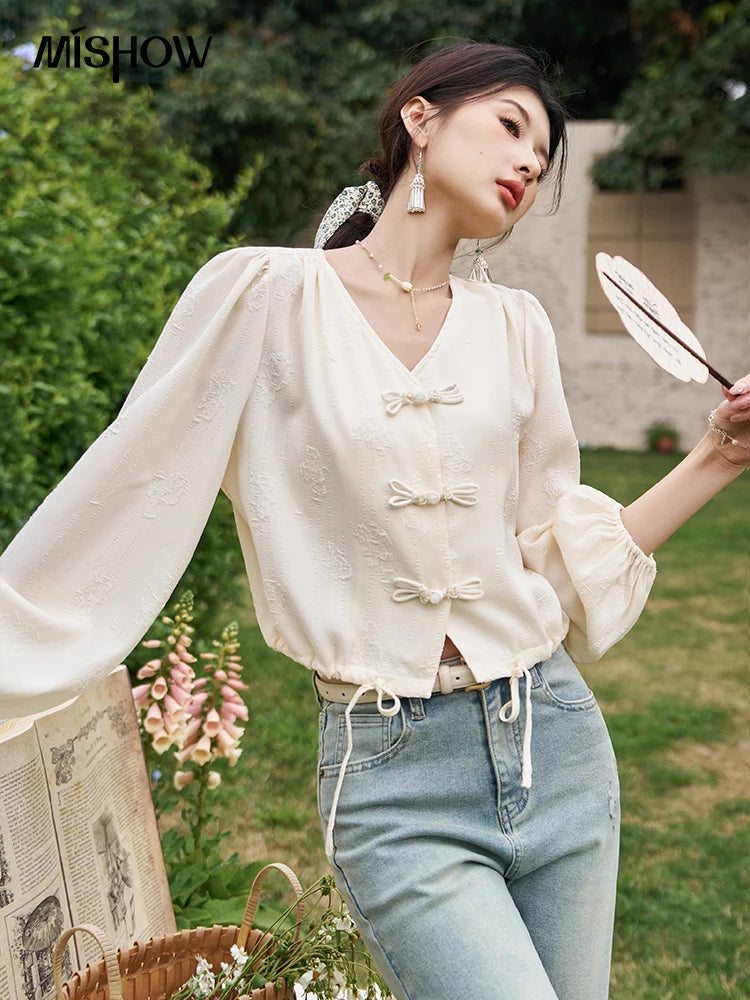 MISHOW Chinese Button Up Shirt Jacquard Drawstring Puff Sleeve MXD14X1386