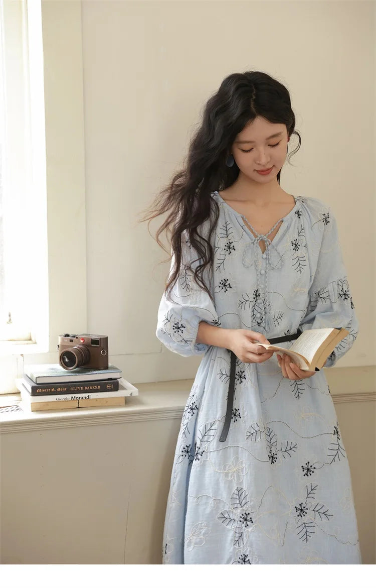 MISHOW Blue Flower Embroidered Lantern Sleeve Dress MXE42L2493